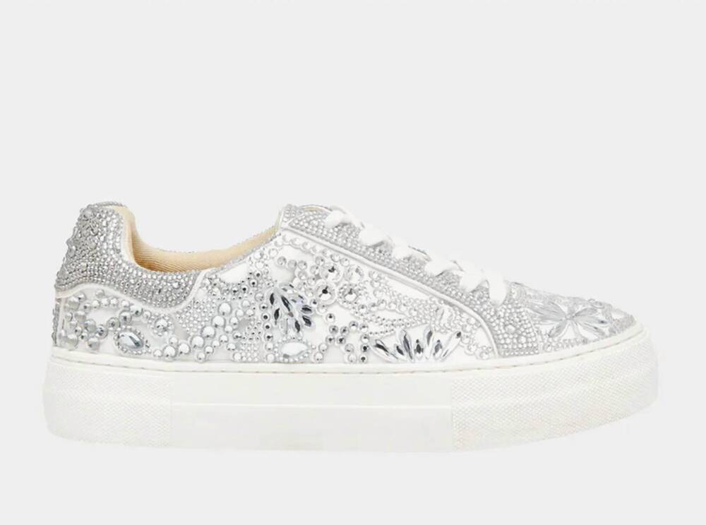 NEW BETSEY JOHNSON women's sidny sneaker shoes in silver white rhinestones
